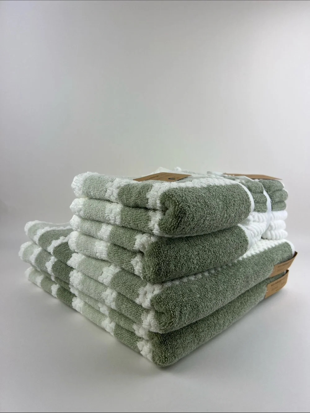 Eco Melange Bath Towels Green White Quick Dry Soft 100% Cotton 10 Pc Set NEW